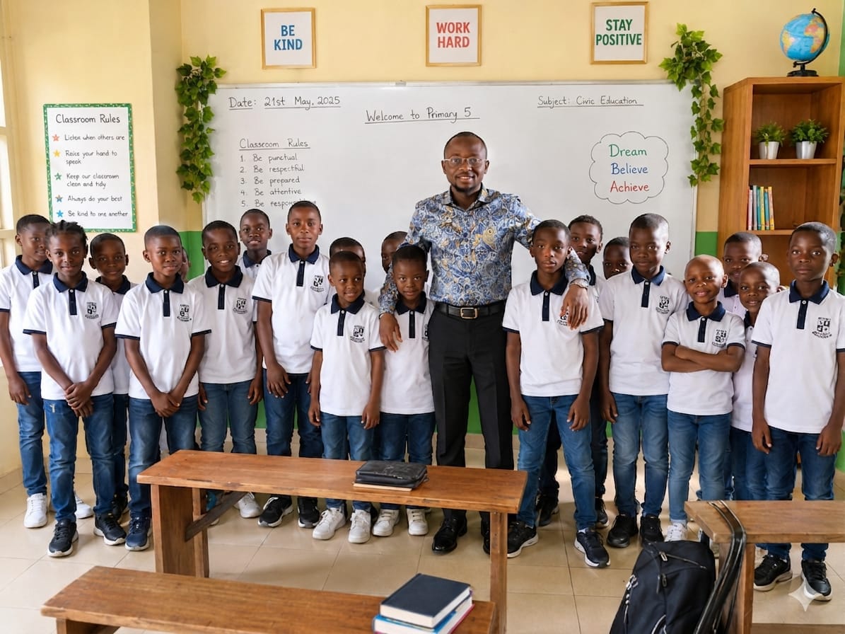 Onimag Academy pupils with their teacher in a bright classroom