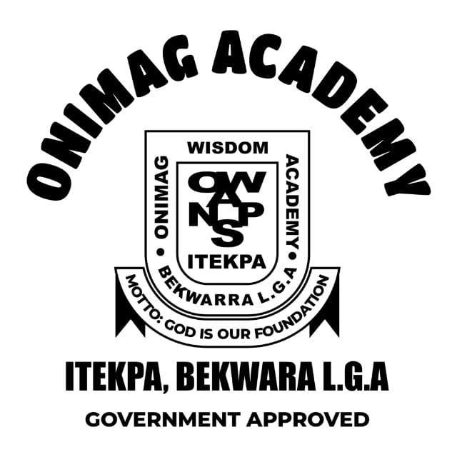 Official Onimag Academy crest showing the school motto God is our foundation and Government Approved status